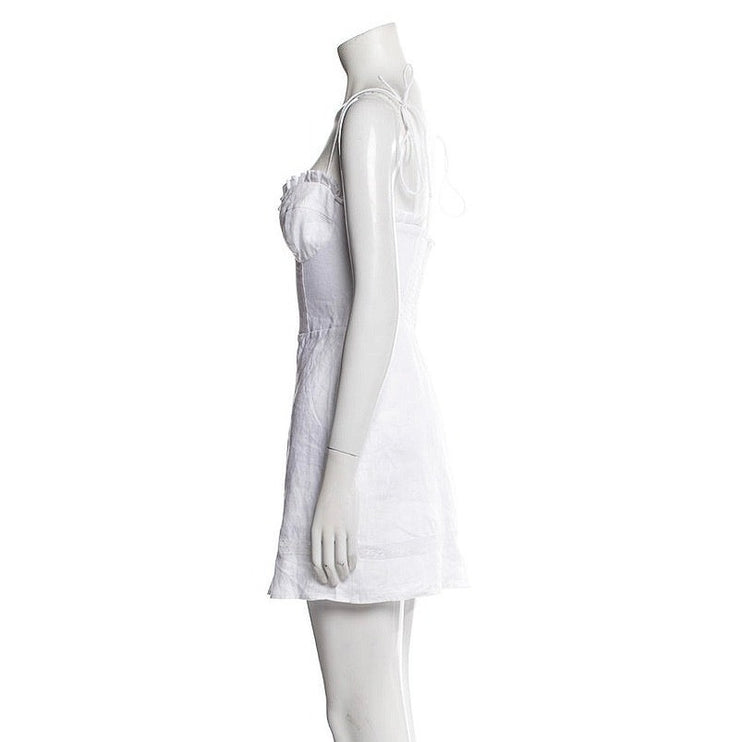 Reformation White 100% Linen Ruffle Sleeveless Smocked A Line Mini Dress Size 0