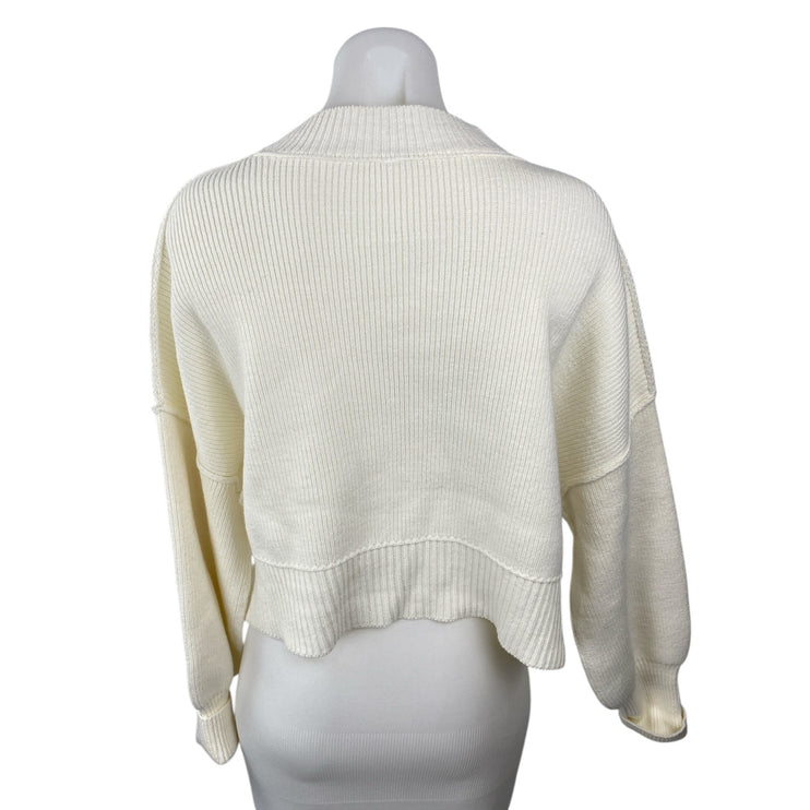 Free People Women's White Cream Ribbed Knit Mock Neck Cropped Sweater Top Sz XS