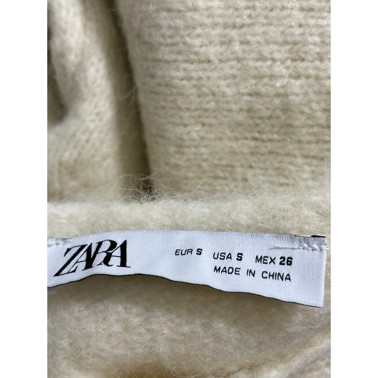 Zara Cream Beige Pearl Wool Beaded Long Sleeve Knit Crewneck Sweater Top Size S