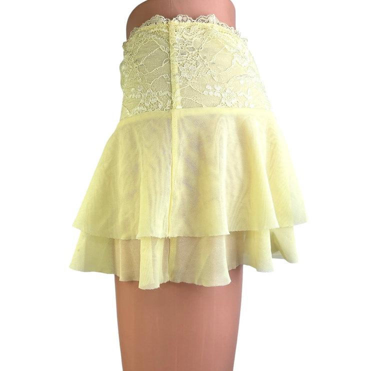 I.AM.GIA Yellow High Waisted Floral Lace Mesh Tiered Ruffle Mini Skirt Size S