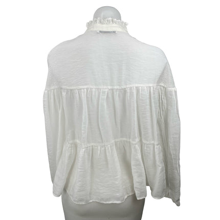 Zara Women's White Long Sleeve Ruffle Mock Neck Tiered Tie Blouse Top Size S
