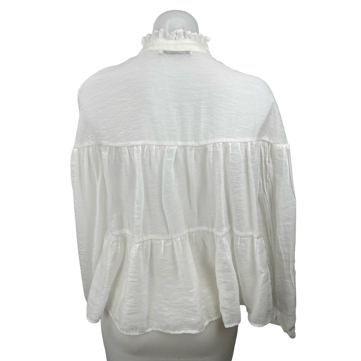 Zara Women's White Long Sleeve Ruffle Mock Neck Tiered Tie Blouse Top Size S