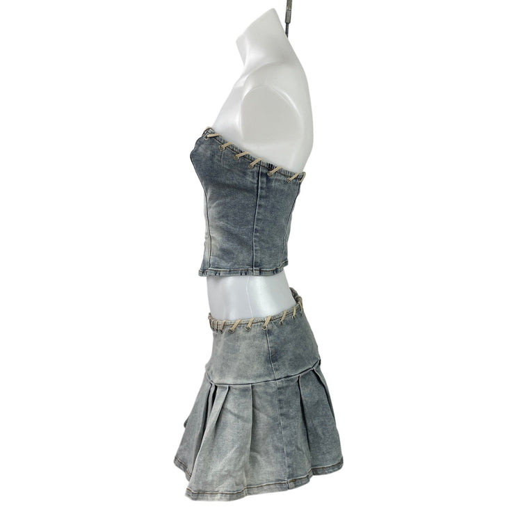 By DYLN Blue Strapless Bandeau Tube Crop Top Pleated Skirt Denim Jean 2 Pc Set S