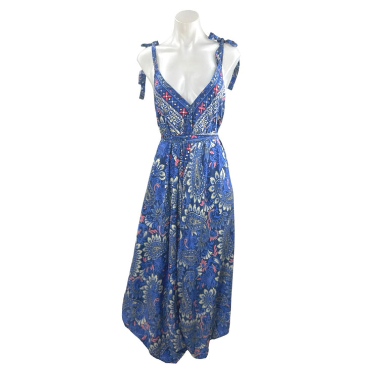 Advance Blue Silk Floral Paisley V Neck Tie Sleeveless A Line Maxi Dress Sz L/XL