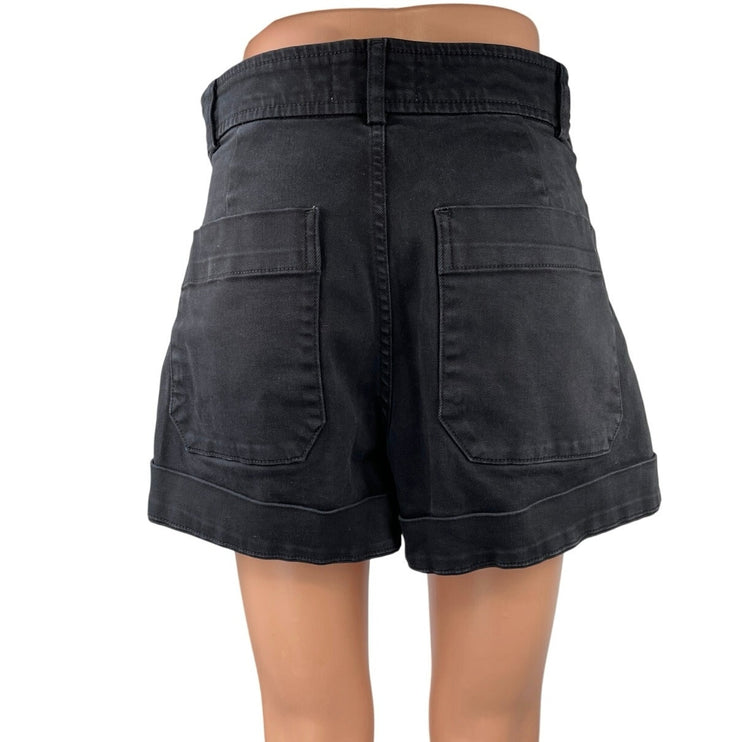 Everlane Black High Waist Wide Leg Cuffed Button Zip Denim Jeans Shorts Size 8