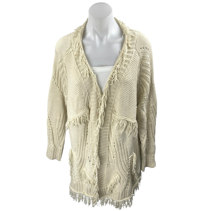 Tularosa Cream Long Sleeve Boho Fringe Midi Open Cardigan Sweater Top Size S