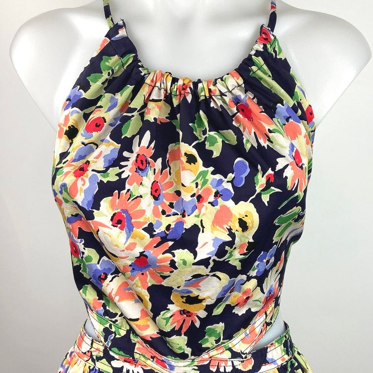 Someting Navy Blue Floral Print Cut Out Halter Cotton Poplin A Line Midi Dress M