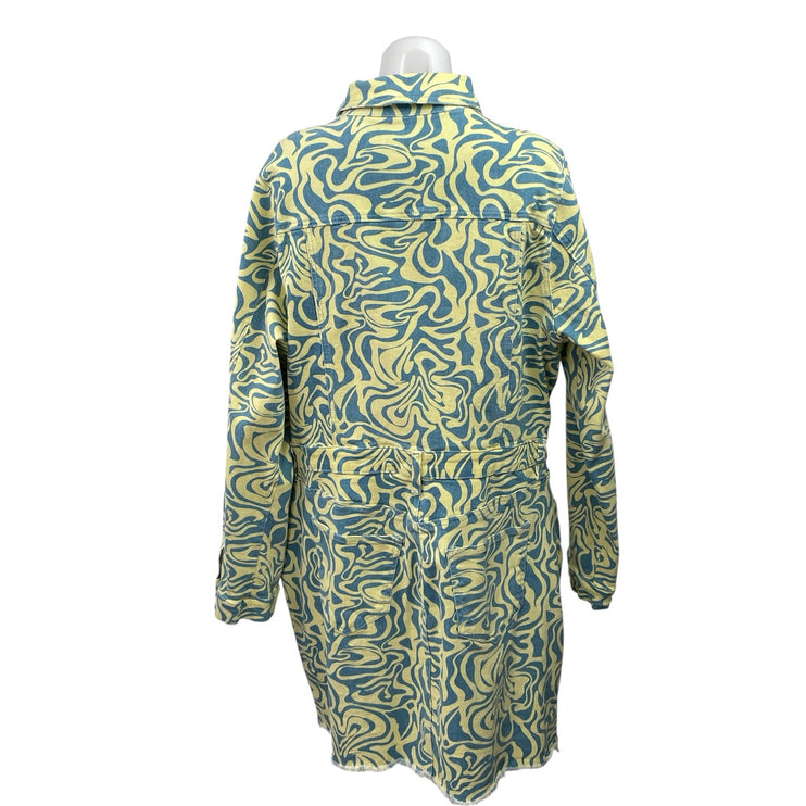Fashion Nova Green Geomtric Long Sleeve Button Down Denim Jean Shirt Dress XL