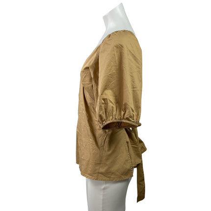 NEW Old Navy Brown Short Puff-Sleeve Smocked Back V-neck Wrap Tie Blouse Top L