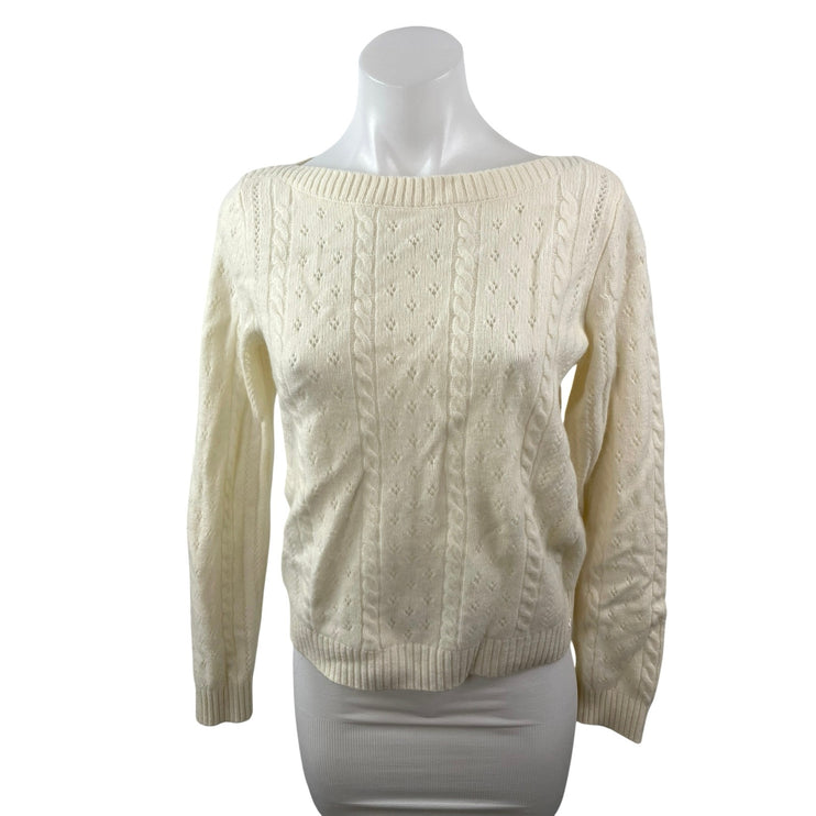 Aritzia Sunday Best Wool Cream Cable Knit Boat Neck Long Sleeve Sweater Top Sz S