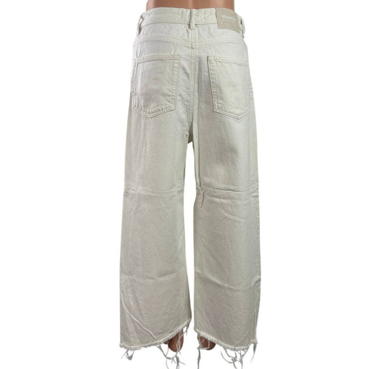 Pull & Bear Women's White High Rise Raw Hem Wide Leg Baggy Denim Jeans Size 4