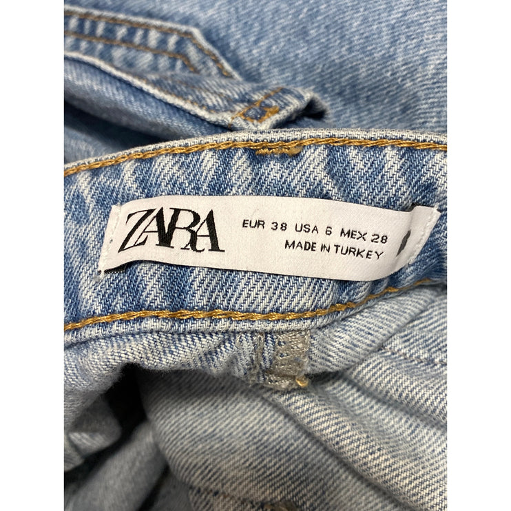 Zara Women's Blue Raw Frayed Hem High Rise Wide Leg Bootcut Denim Jeans Pants 6