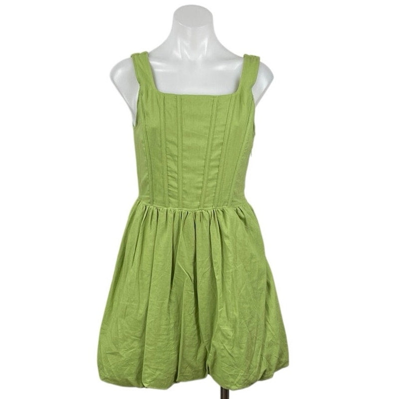Sincerely Jules Sincerely Jules Green Linen Pleated Corset Mini Bubble Tank Flare A-Line Dress M | Sz: M