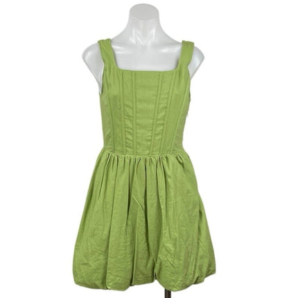 Sincerely Jules Green Linen Pleated Corset Mini Bubble Tank Flare A-Line Dress M