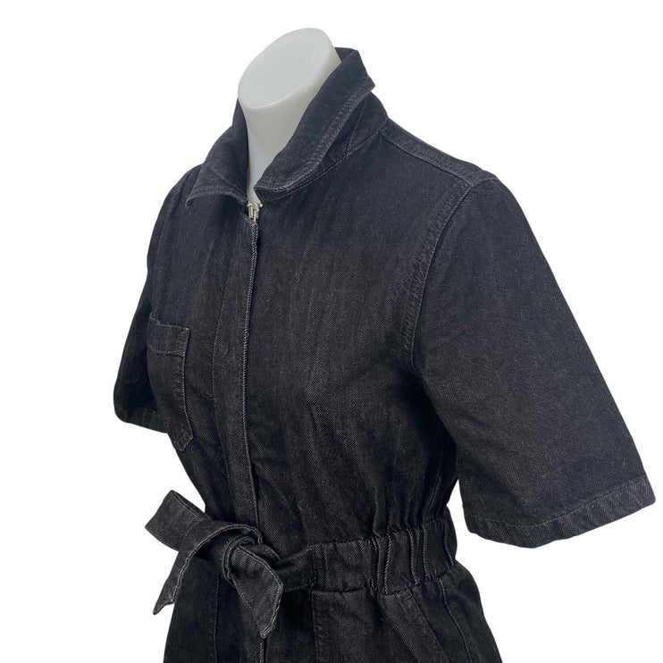 French Connection Black Short Sleeve Full Zip Belted Denim Jean Shirt Dress Sz 2