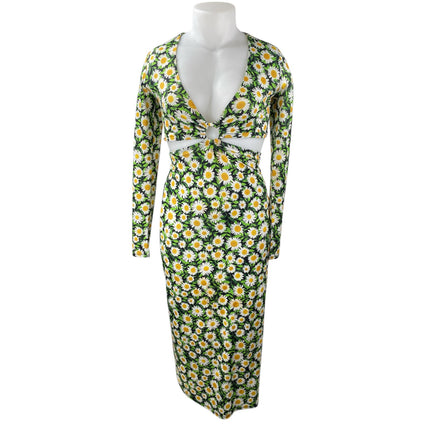 AFRM Green Multicolor Floral Cut Out V-Neck Long Sleeve Midi Bodycon Dress Sz S
