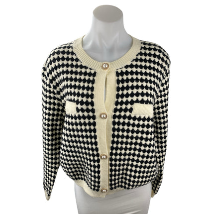 Women's Black White Abstract Knit Long Sleeve Button Up Cardigan Sweater Top M
