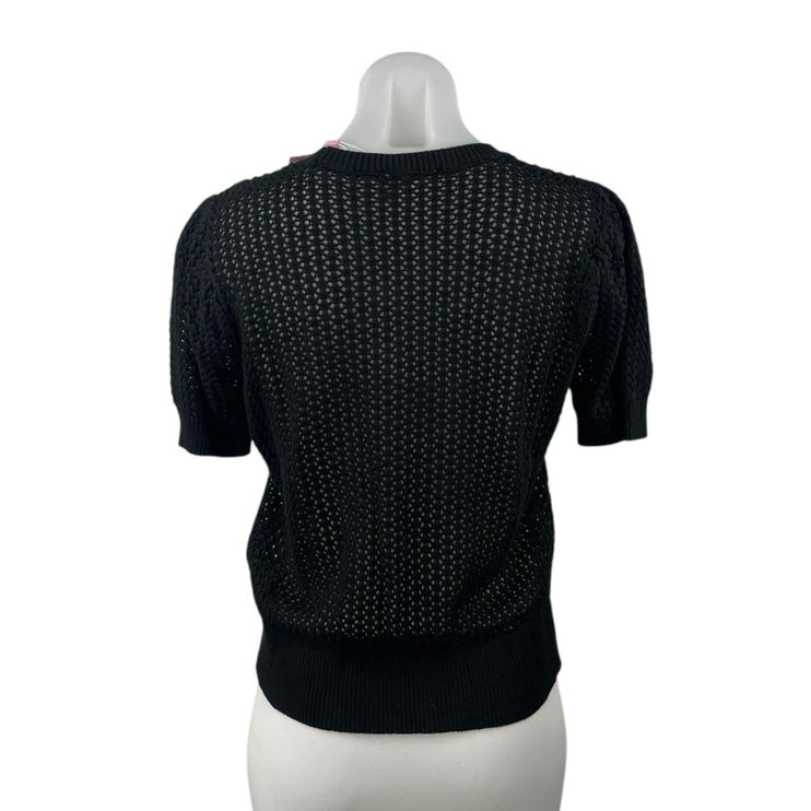 NEW Muse Black Crochet Knit Crewneck Short Puff Sleeve Crop Sweater Top Size M