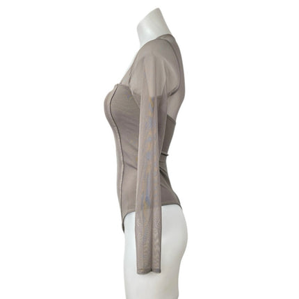 Abercrombie & Fitch Gray Tan Mesh Long Sleeve Square Neck Corset Bodysuit Top S