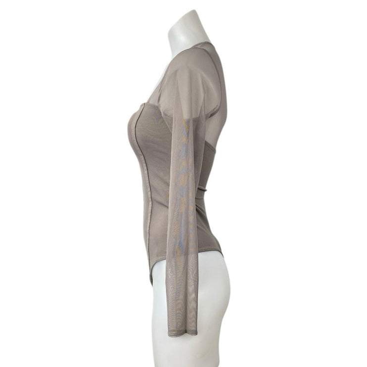 Abercrombie & Fitch Gray Tan Mesh Long Sleeve Square Neck Corset Bodysuit Top S