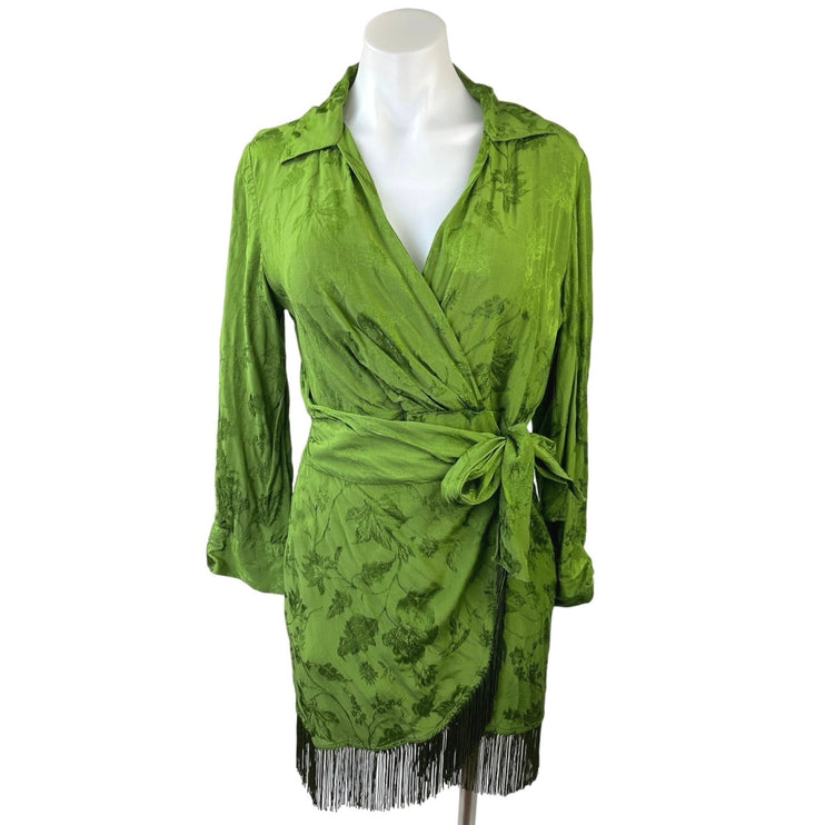 Zara Green Fringe Jacquard Long Sleeve Collar V-neck Mini Tie Wrap Dress Size S