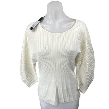 NEW BCBGMAXAZRIA Women's Cream Ribbed Knit Long Balloon Sleeve Sweater Top Sz L