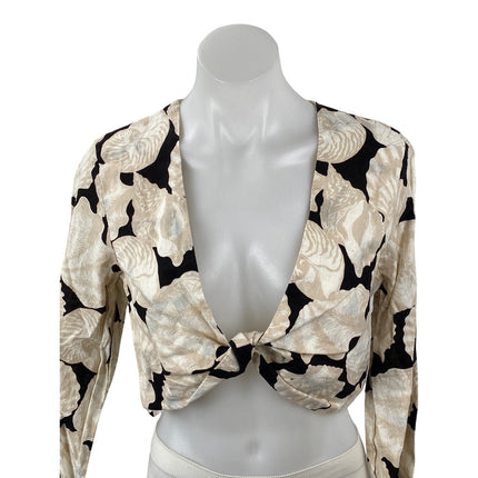 NEW H&M Beige Black Linen Seashells Print Long Sleeve Twist Front Crop Top Sz S