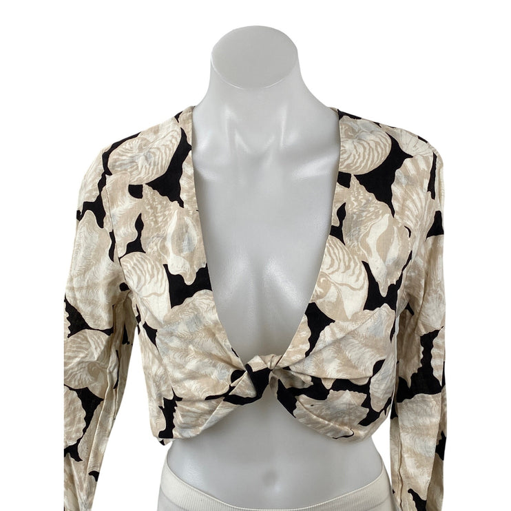 NEW H&M Beige Black Linen Seashells Print Long Sleeve Twist Front Crop Top Sz S