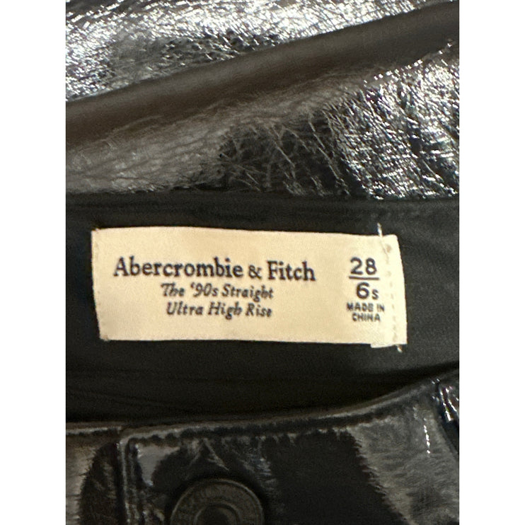 Abercrombie & Fitch 90s Straight Black Faux Patent Leather Trousers Pants Sz 28