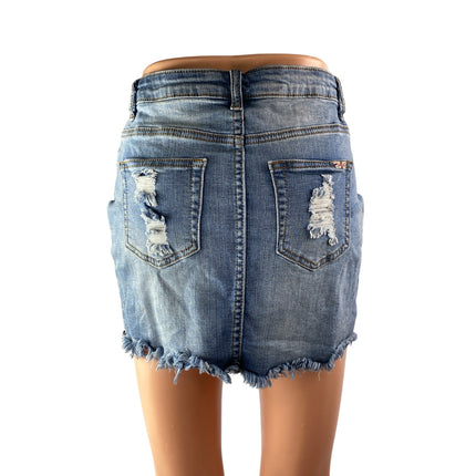 Machine Nouvelle Mode Blue Lace Up Distressed Frayed hem Mini Denim Skirt Sz 28