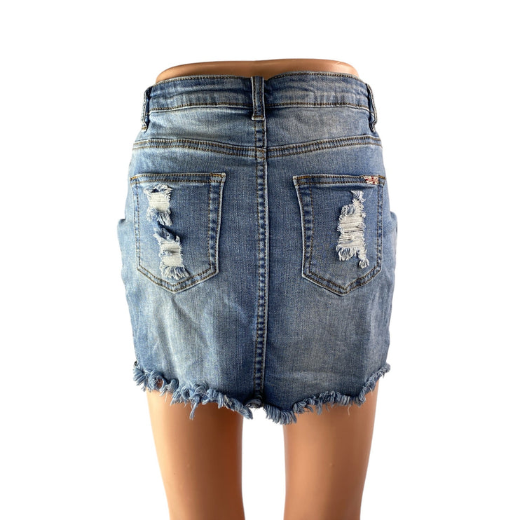 Machine Nouvelle Mode Blue Lace Up Distressed Frayed hem Mini Denim Skirt Sz 28