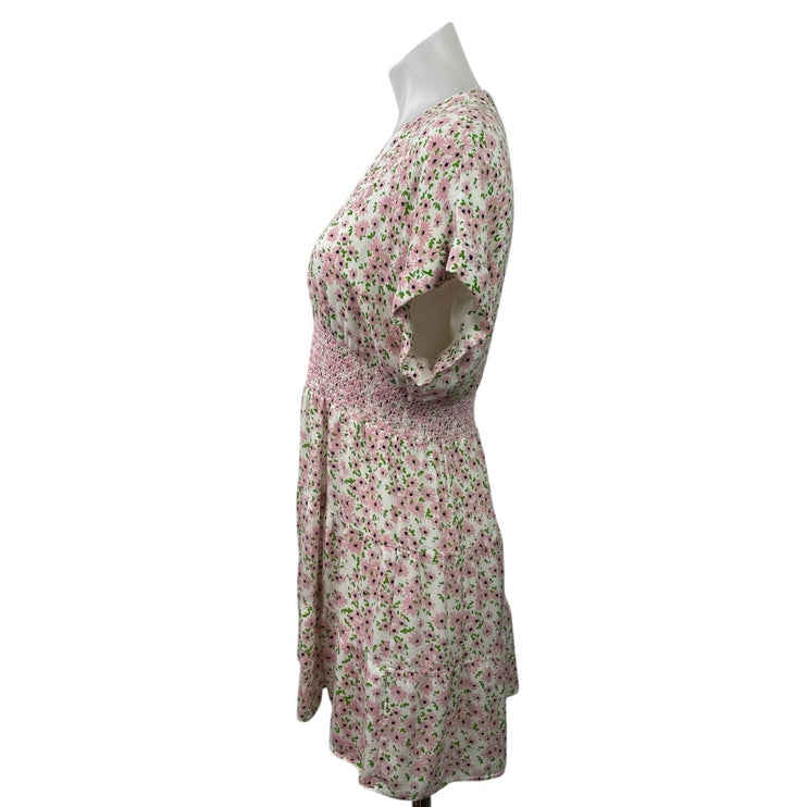 Alice + Olivia Keela Pink Floral V Neck Smocked Short Sleeve A Line Mini Dress 8