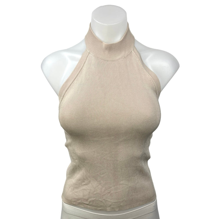 Zara Beige Metallic Ribbed Knit Halter Mock Neck Sleeveless Crop Tank Top Size S