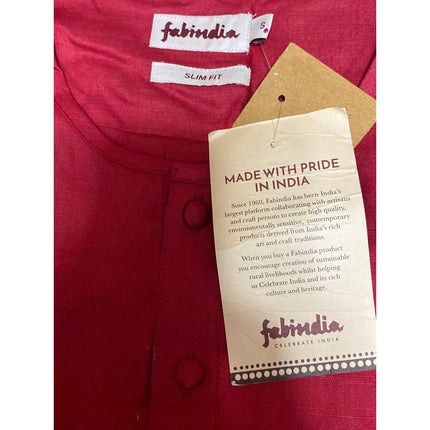NEW Fabindia Womens Red Silk Button Long Sleeve Henley Shirt Blouse Top Size S