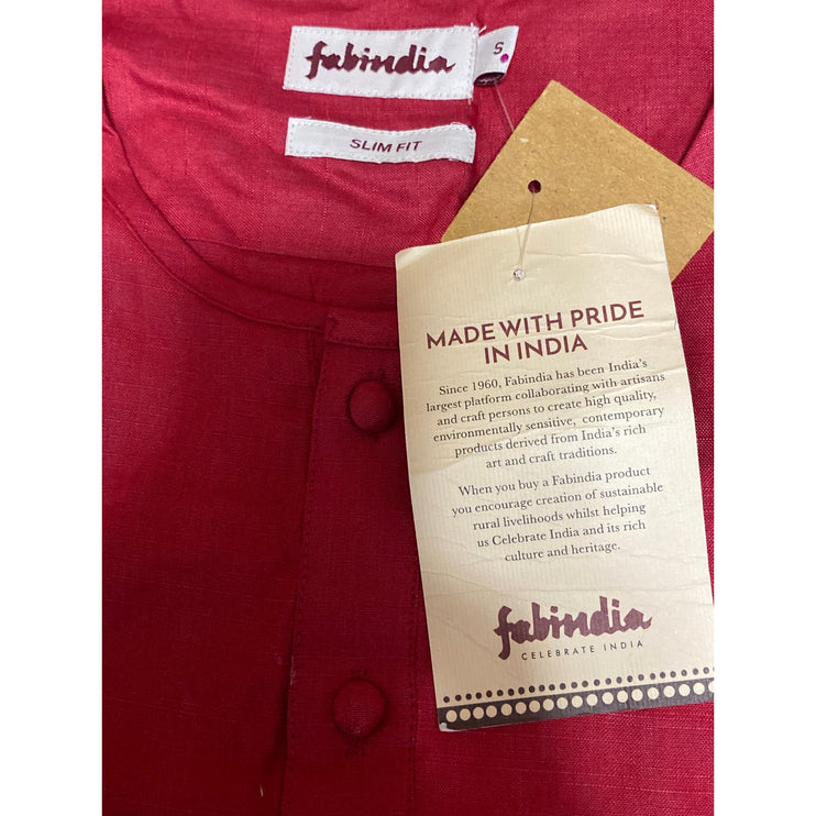 NEW Fabindia Womens Red Silk Button Long Sleeve Henley Shirt Blouse Top Size S