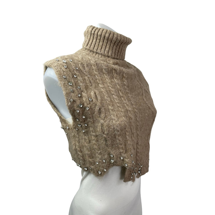 Zara Jewel Womens Wool Rhinestone Sleeveless Turtle Neck Crop Sweater Vest Top S