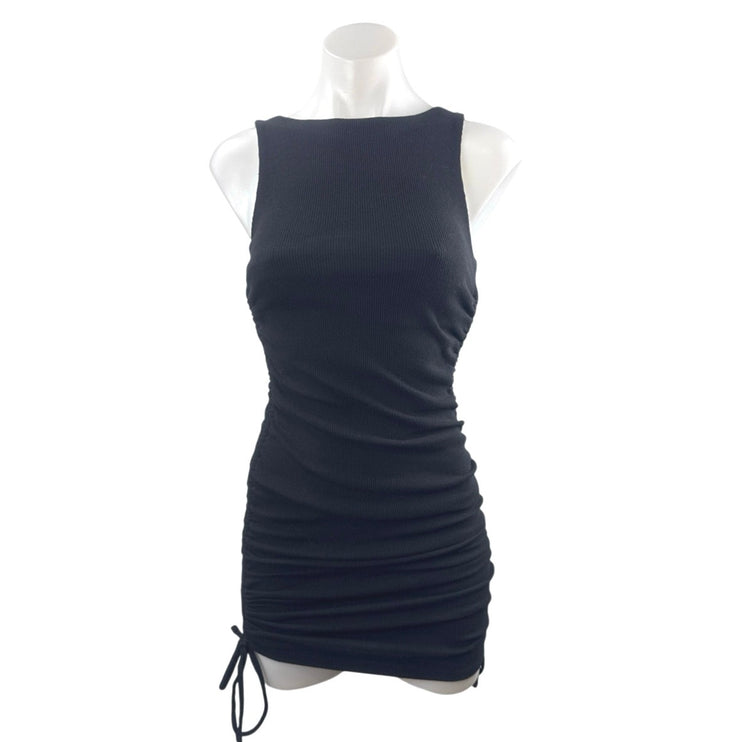 Lulus Women's Black Ribbed Ruched Sleeveless Mini Tank Sheath Bodycon Dress S
