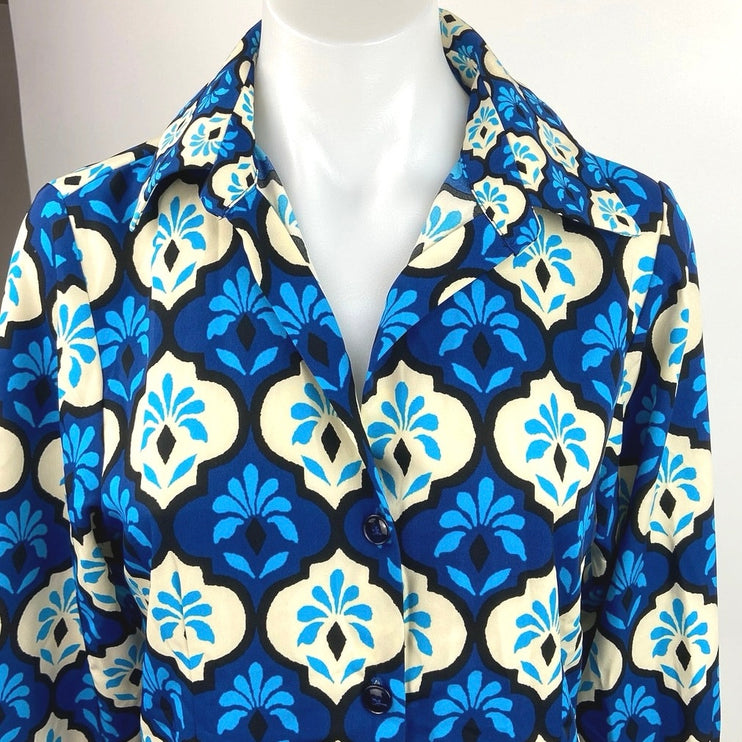 Zara NWT Blue Printed Satin Button Down Long Sleeve Boho Shirt Blouse Top Sz XS