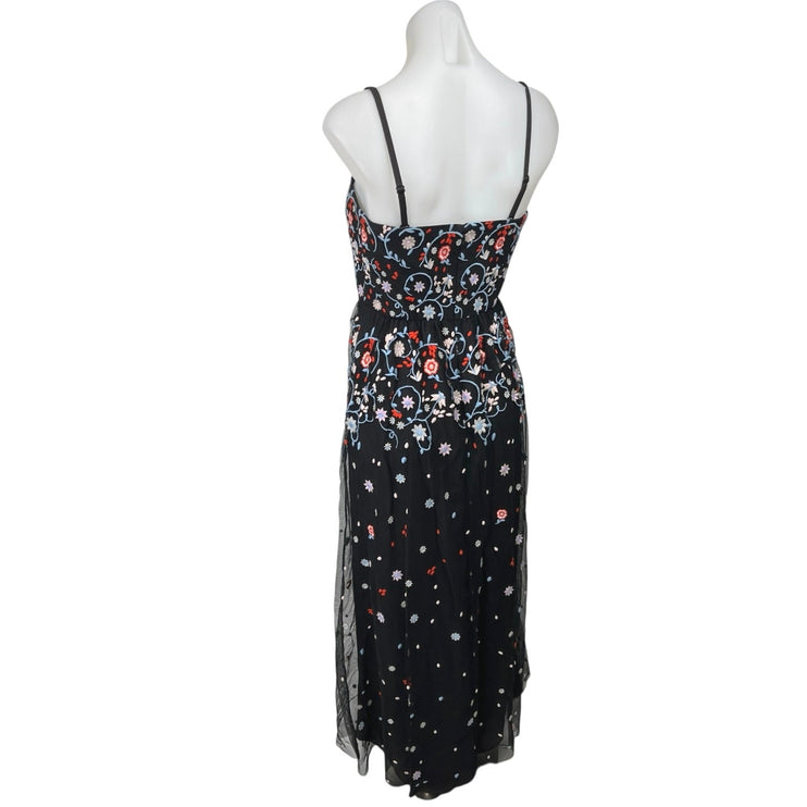 Modcloth Black Floral Tulle Embroidered Sleeveless A Line Midi Dress Size S