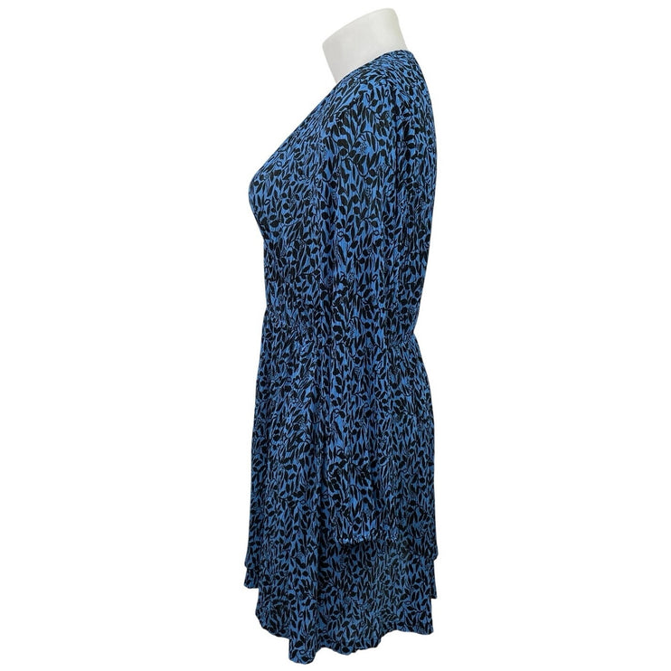 MNG Mango Blue Leaf V Neck Long Sleeve Blouson Fit & Flare Mini Dress Size 12
