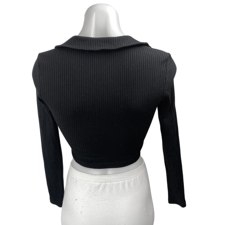 Princess Polly Black Ribbed Knit Long Sleeve Button Up Polo Crop Top Size 0