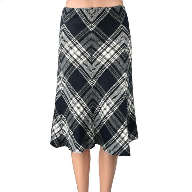 Ann Taylor Black White Plaid Checkered Zipper Midi Knee Length A-Line Skirt Sz 8