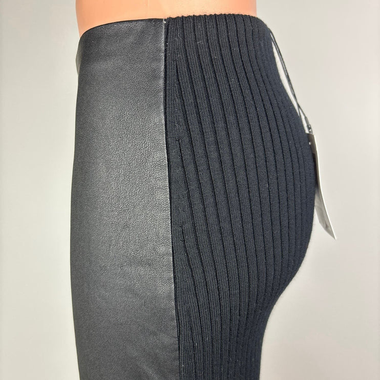 Theory NWT $495 Black Leather Ribbed Merino Wool Pencil Straight Midi Skirt XSP