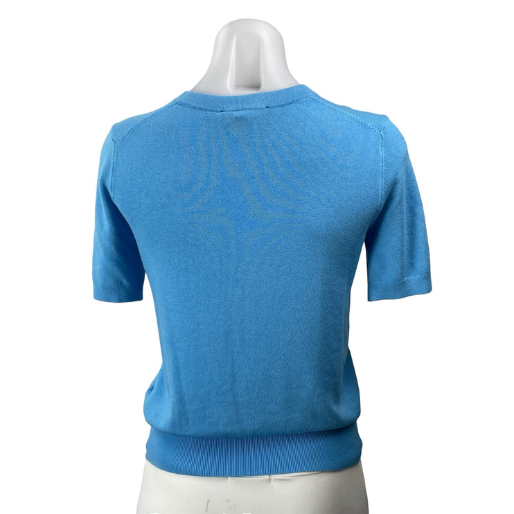 Zara Women Blue Knit Short Sleeve Stretch Crew Neck Pullover Sweater Top Size M