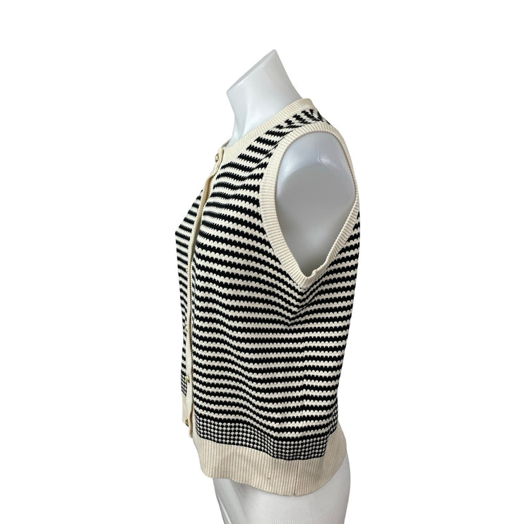 Adrianna Papell Cream Black Striped Knit Sleeveless Button Up Cardigan Sweater M