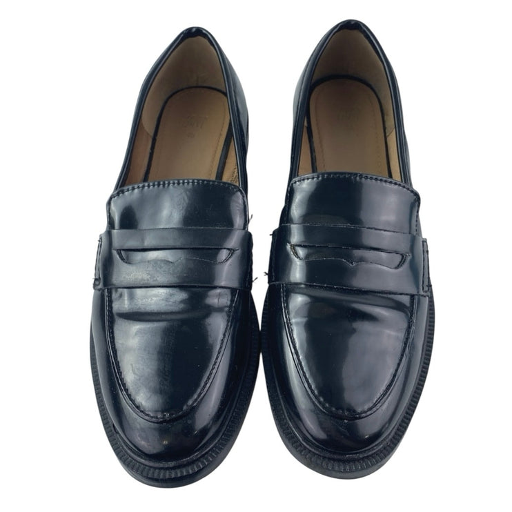 H&M Women's Black Patent Leather Almond Toe Slip On Mocassins Loafers Shoes Sz 4
