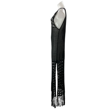 Zara Women's Black Sleeveless Open Knit Crochet Fringed Tasseled Maxi Dress Sz M