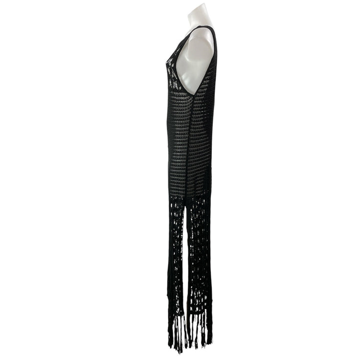 Zara Women's Black Sleeveless Open Knit Crochet Fringed Tasseled Maxi Dress Sz M