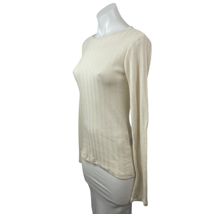 NEW Zara Cream Pointelle Ribbed Crew Neck Long Sleeve Sweater T-Shirt Top Size S