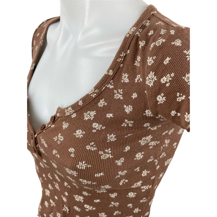Hollister Brown Floral Lettuce Short Sleeve Crop Henley Baby Tee T-Shirt Top XS